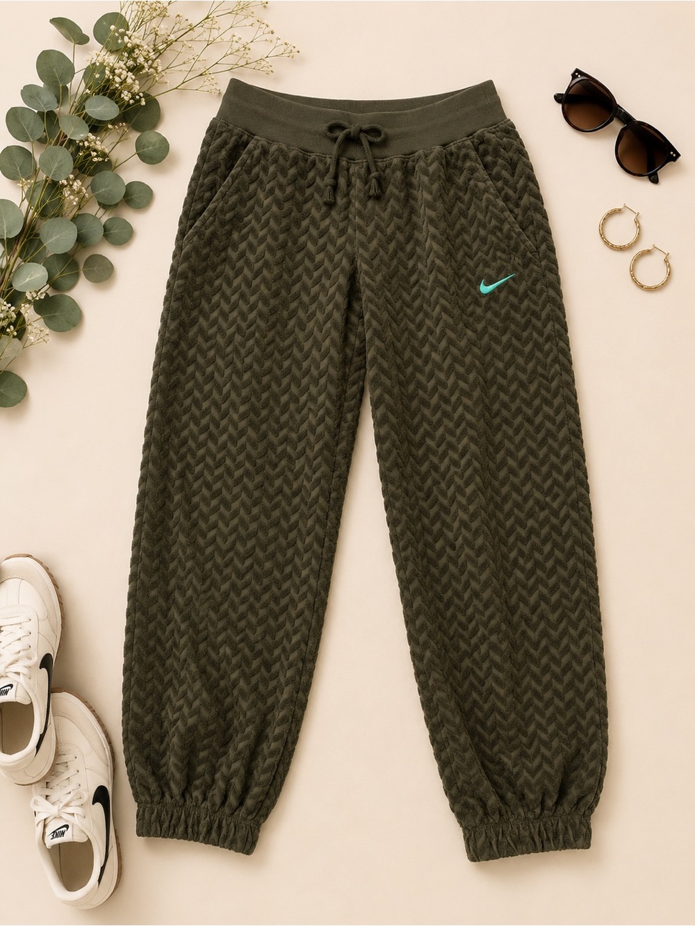 Nike Vintage Olive Textured Chevron Jogger Pants Teal Swoosh M